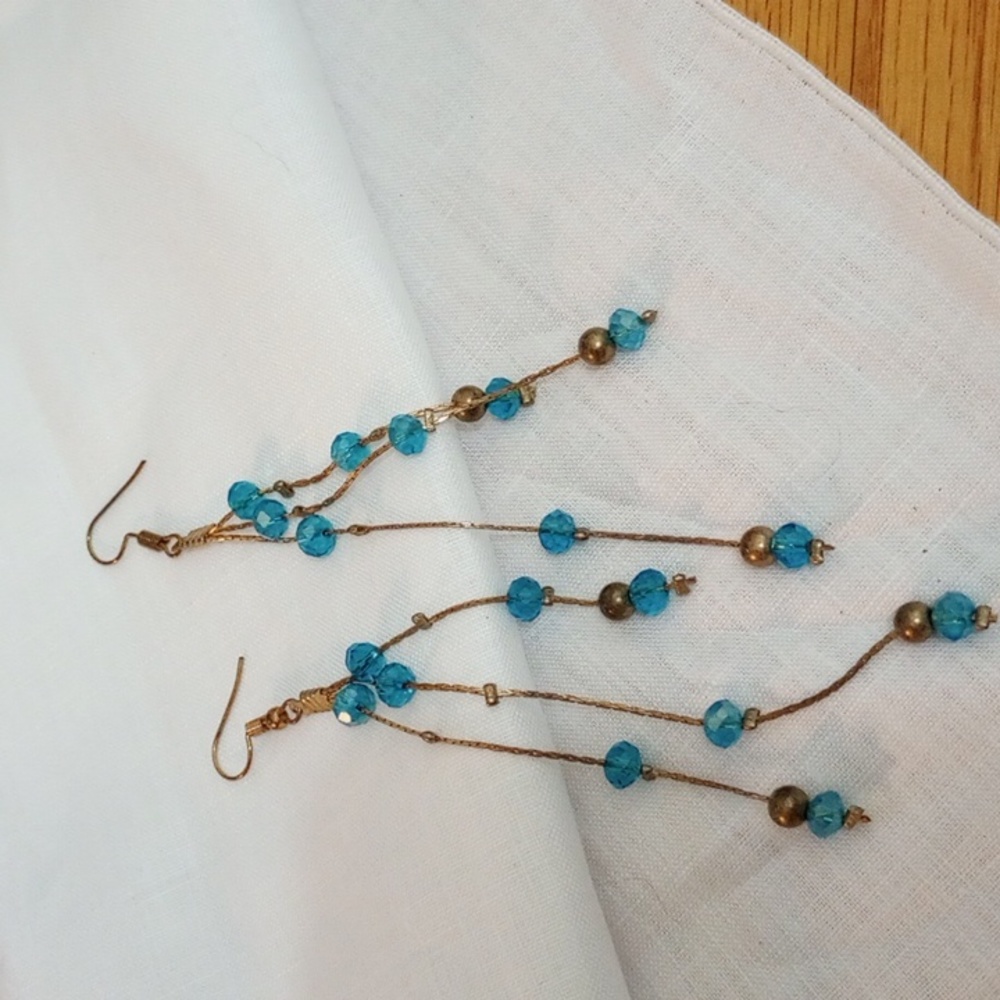 Blue Multi Faceted Glass Bead 4in long dangle Earrings Pierced Gold Tone Metal